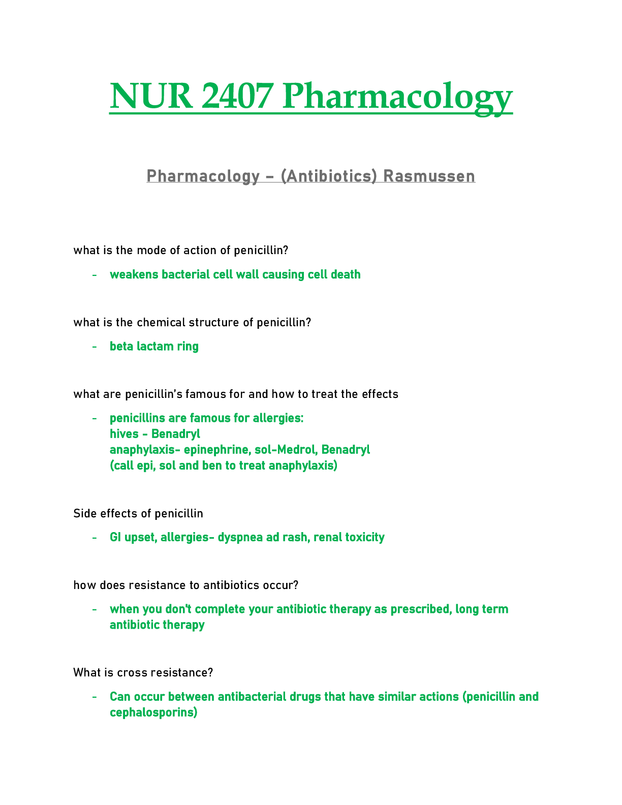 NUR2407 / NUR 2407 Exam Antibiotics | Pharmacology - Rasmussen